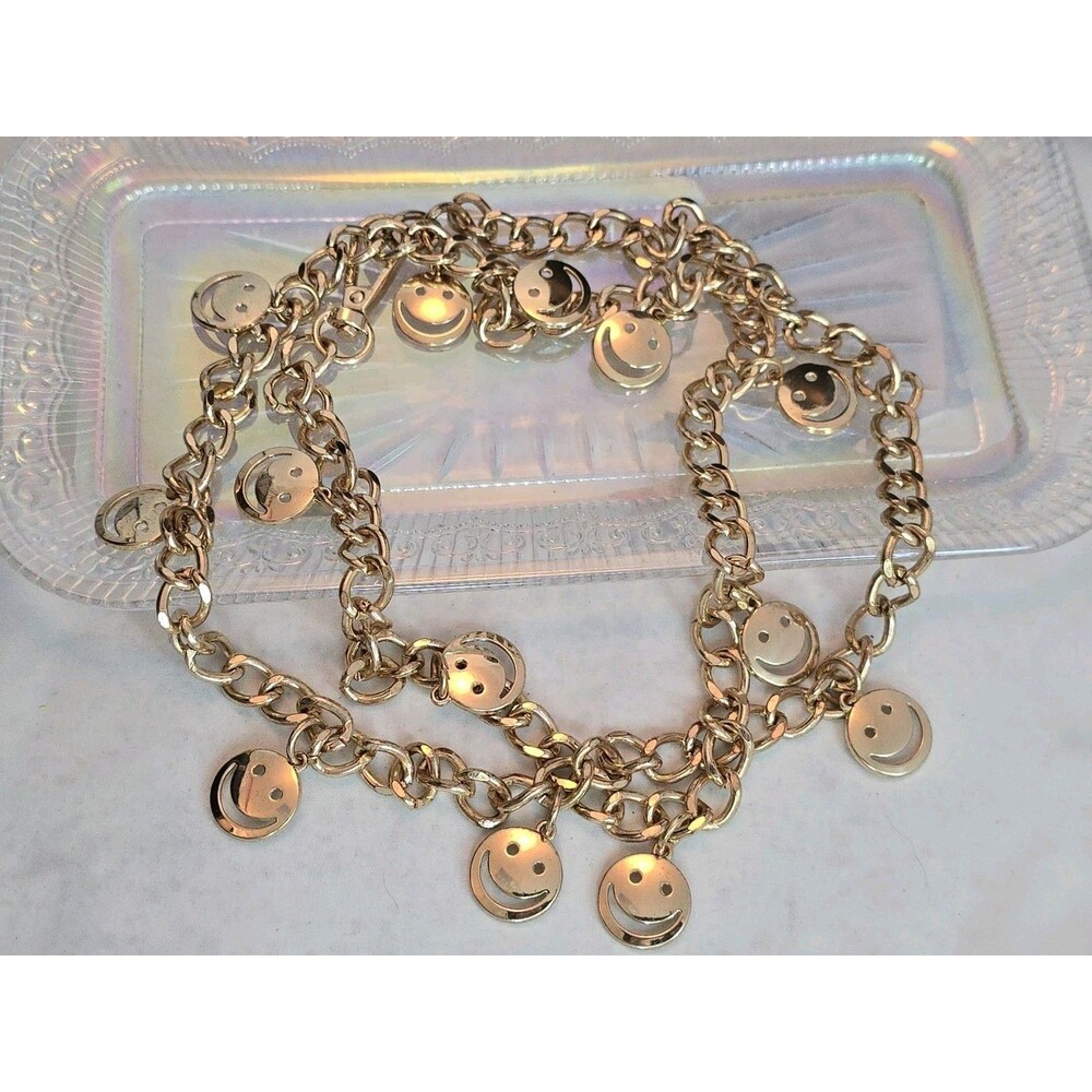 Gold Tone Smiley Face Charm Chain Belt 42" Adjustable Chunky Y2K Statement #899